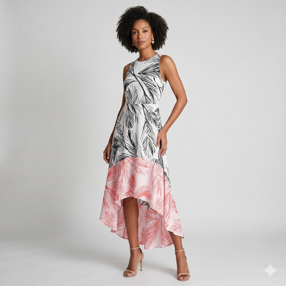Vince Camuto High-Low Ruffle Dress Wedding Tropical Palm Garden Boho Womens Sz 2